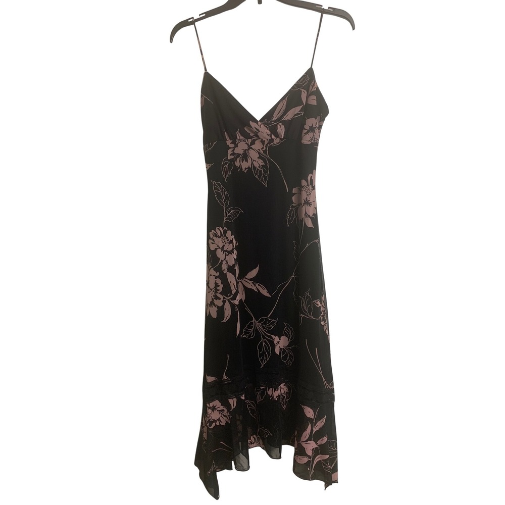 Zinc Pink Floral Y2K Black Mesh Midi Slip Dress Lace Trim Handkerchief Hem Small